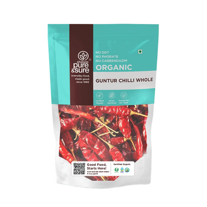 Pure & Sure Organic Guntur Chilli Whole pack, front