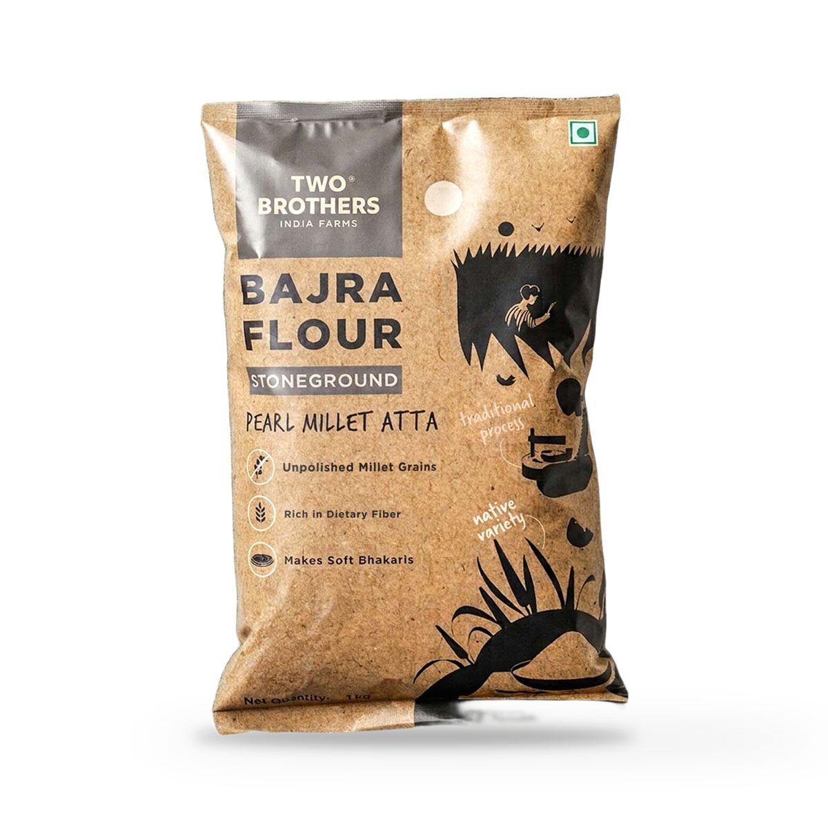 Two Brothers Bajra Atta 1kg pearl millet flour pack, front of pack, on a plain white background