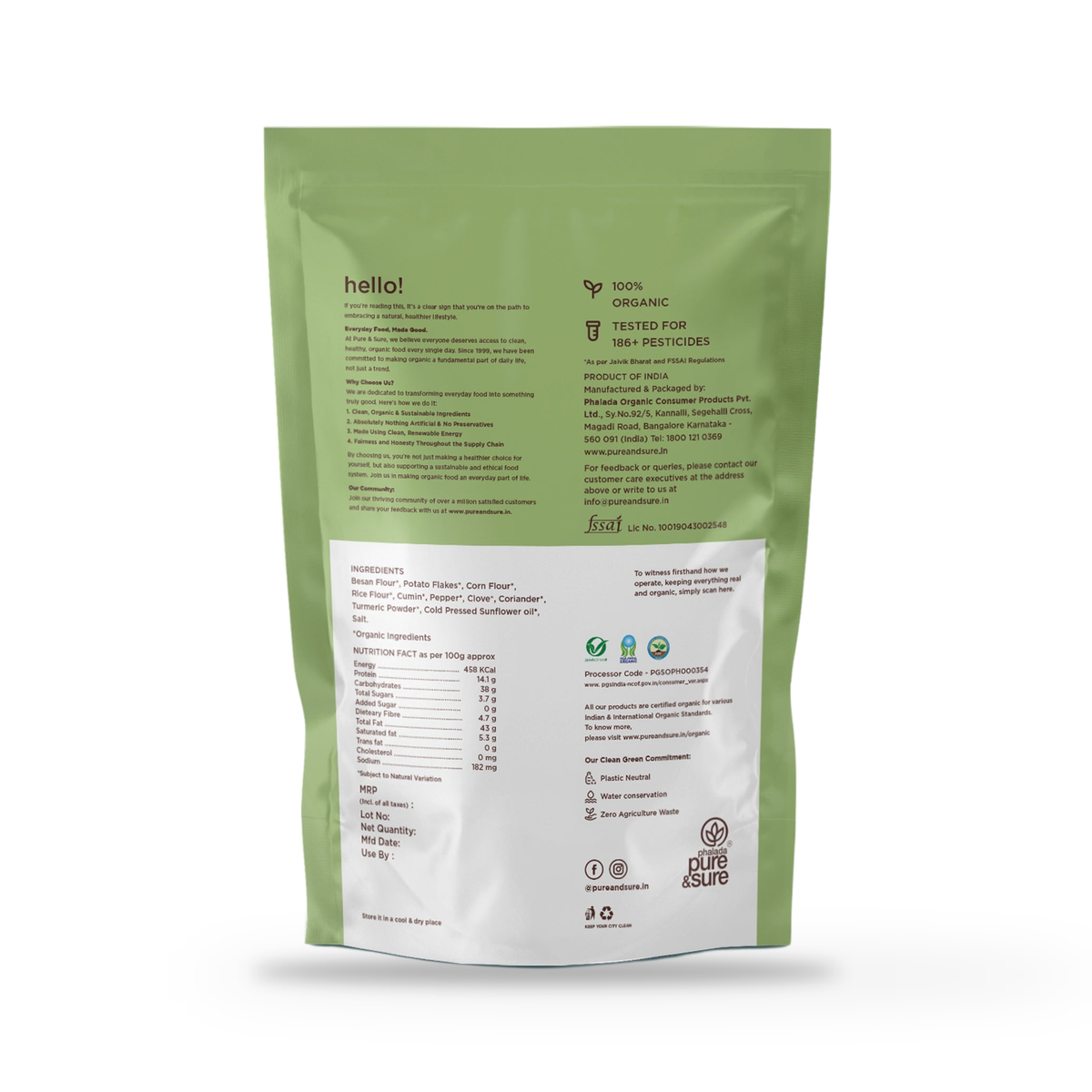 Back of the Pure & Sure Organic Aloo Bhujia pack showing ingredients and nutrition information, on a plain white background