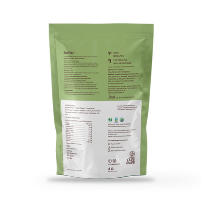Back of the Pure & Sure Organic Aloo Bhujia pack showing ingredients and nutrition information, on a plain white background