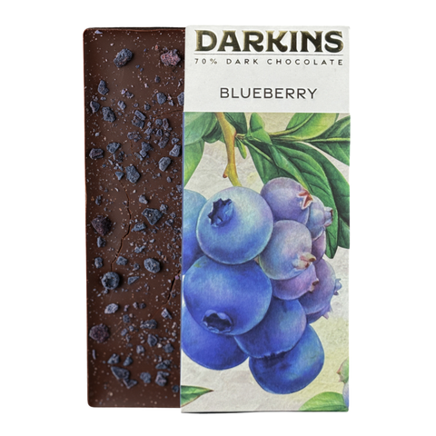 Front of the Darkins 70% Dark Chocolate with Blueberries bar, 35g