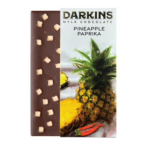 Front of the Darkins Mylk Chocolate with Pineapple & Paprika bar, dairy-free milk chocolate, 50g