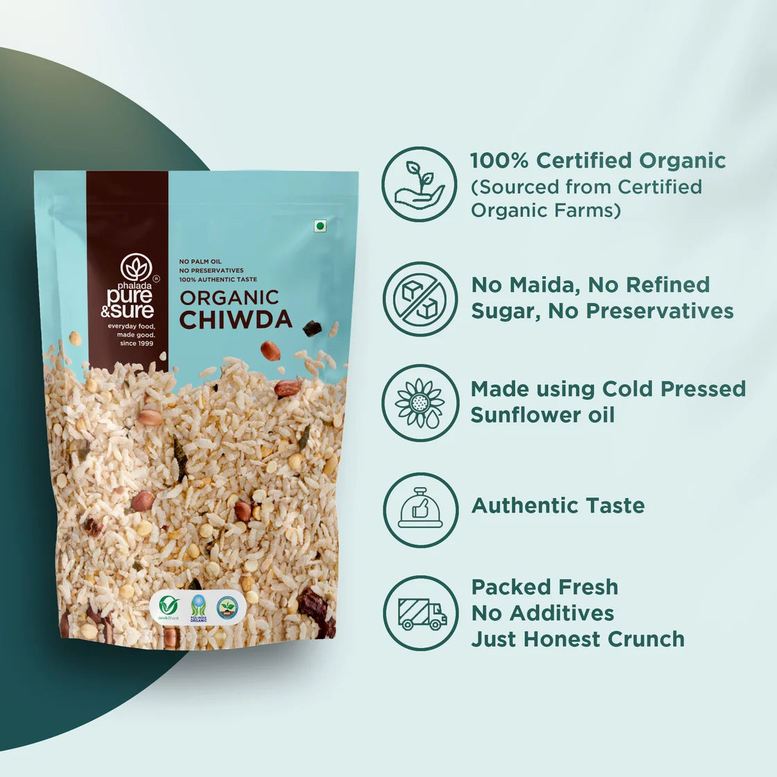 purepicked sweet and salt chiwda information graphic on beaten rice, peanuts and roasted gram
