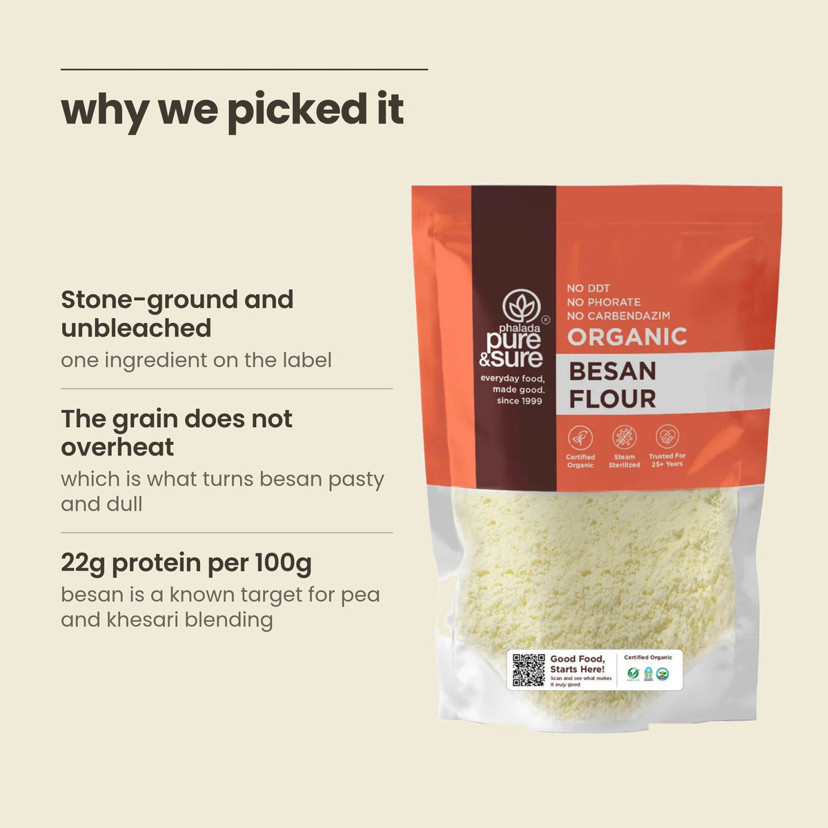 Why Purepicked chose this besan: stone-ground and unbleached, one ingredient, 22g protein per 100g