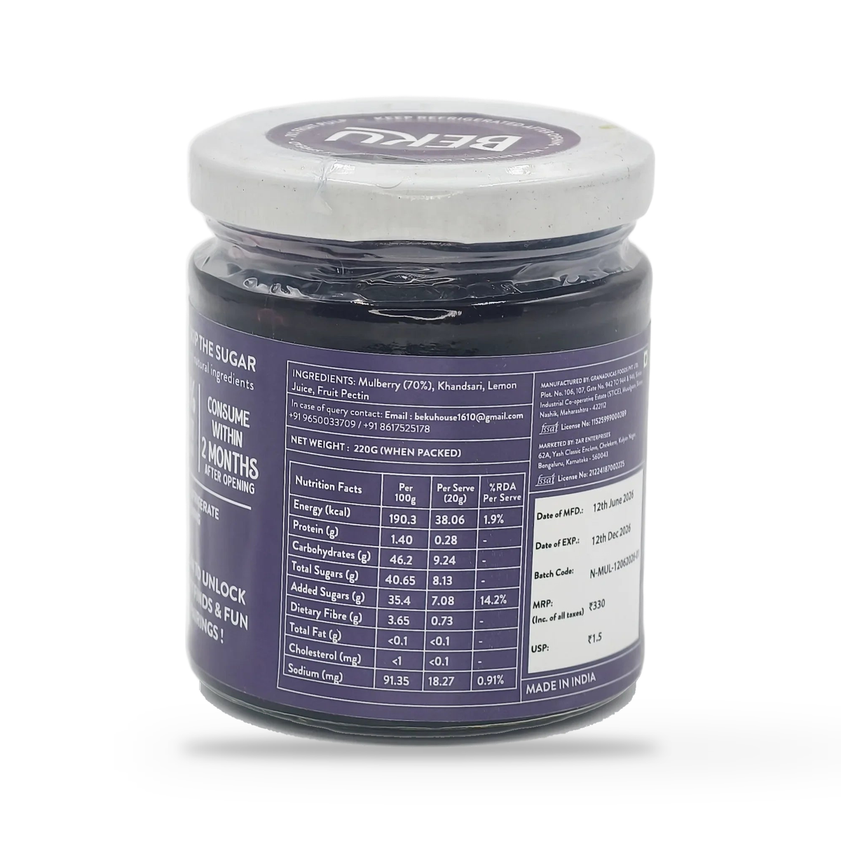 Back label of the Beku Mulberry fruit spread jar, on a plain white studio background