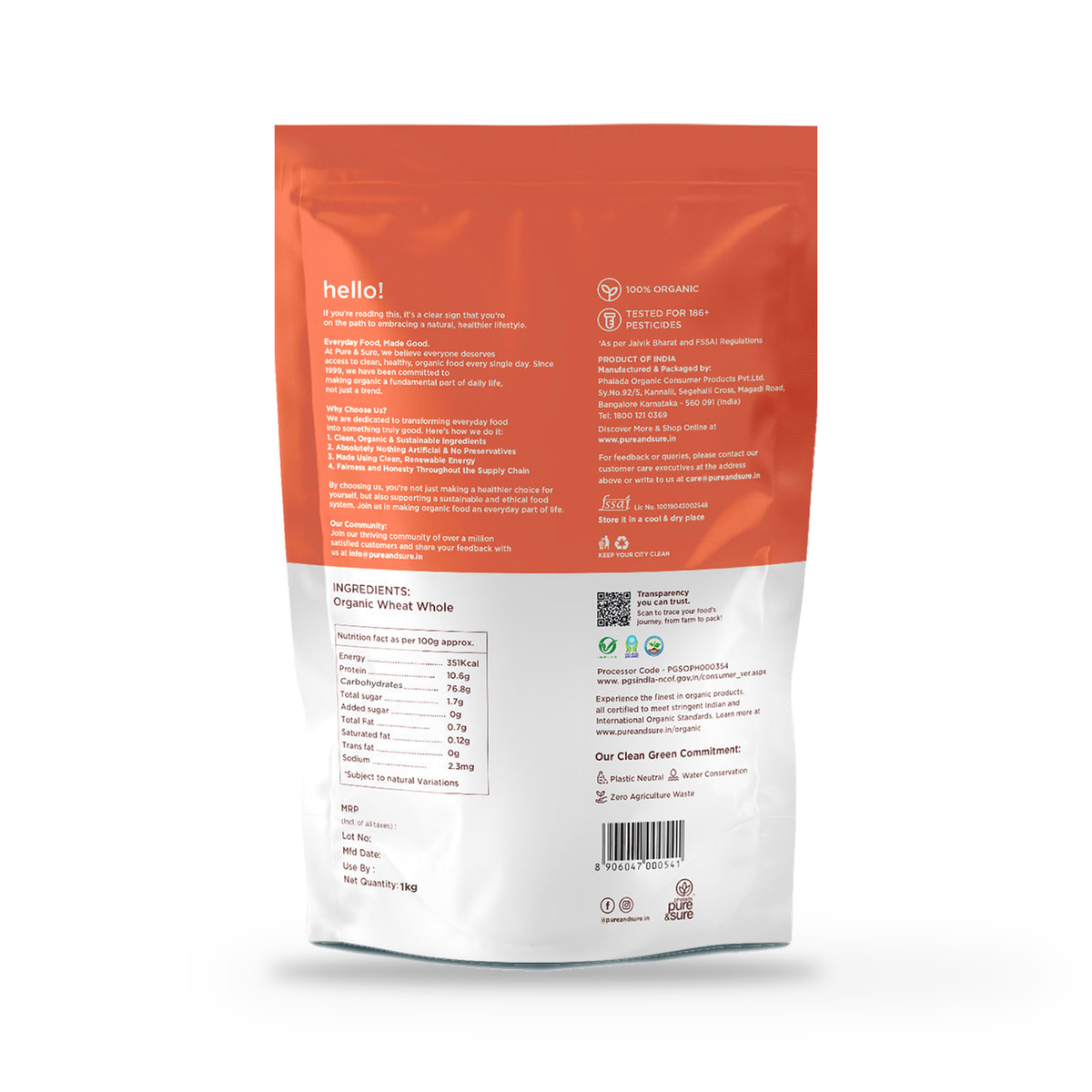 Back of the Pure & Sure Organic Rava pack showing ingredients and nutrition information, on a plain white studio background