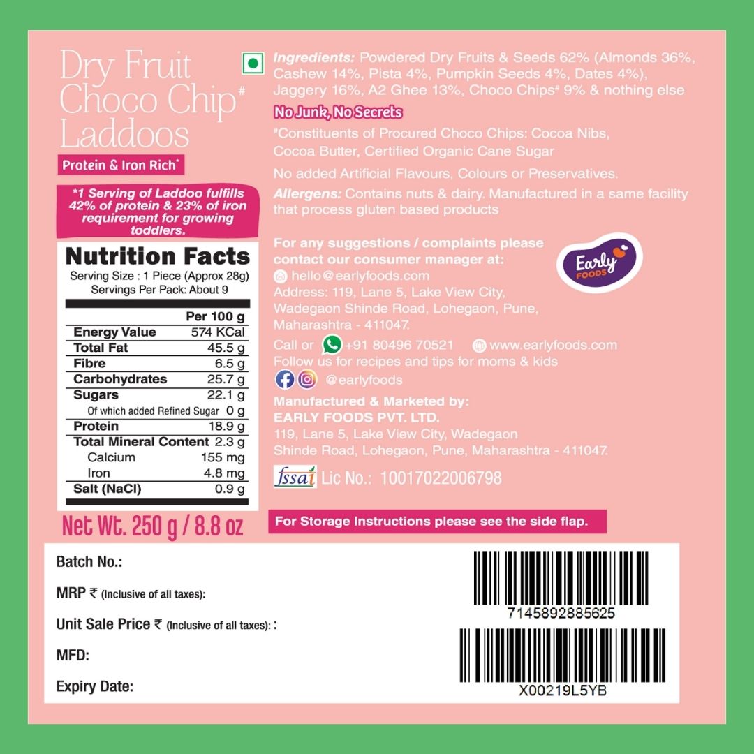 Dry Fruit Choco Chip Laddoo by Early Foods, back of pack with ingredients, nutrition table and FSSAI licence