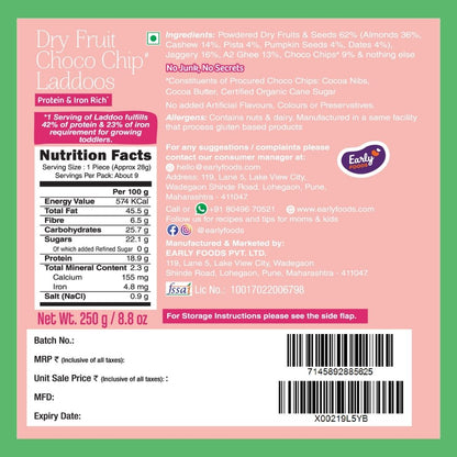 Dry Fruit Choco Chip Laddoo by Early Foods, back of pack with ingredients, nutrition table and FSSAI licence