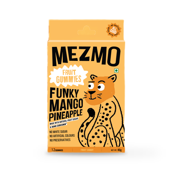 Mezmo Funky Mango Pineapple fruit gummies, an amber 40g carton with a cheetah illustration, on a plain white background