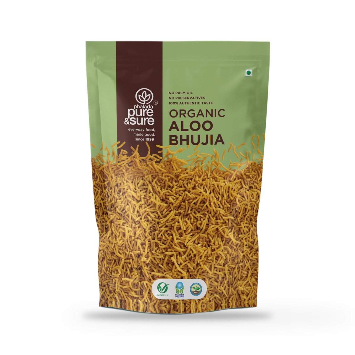 Pure & Sure Organic Aloo Bhujia 120g pack, front of pack, on a plain white background