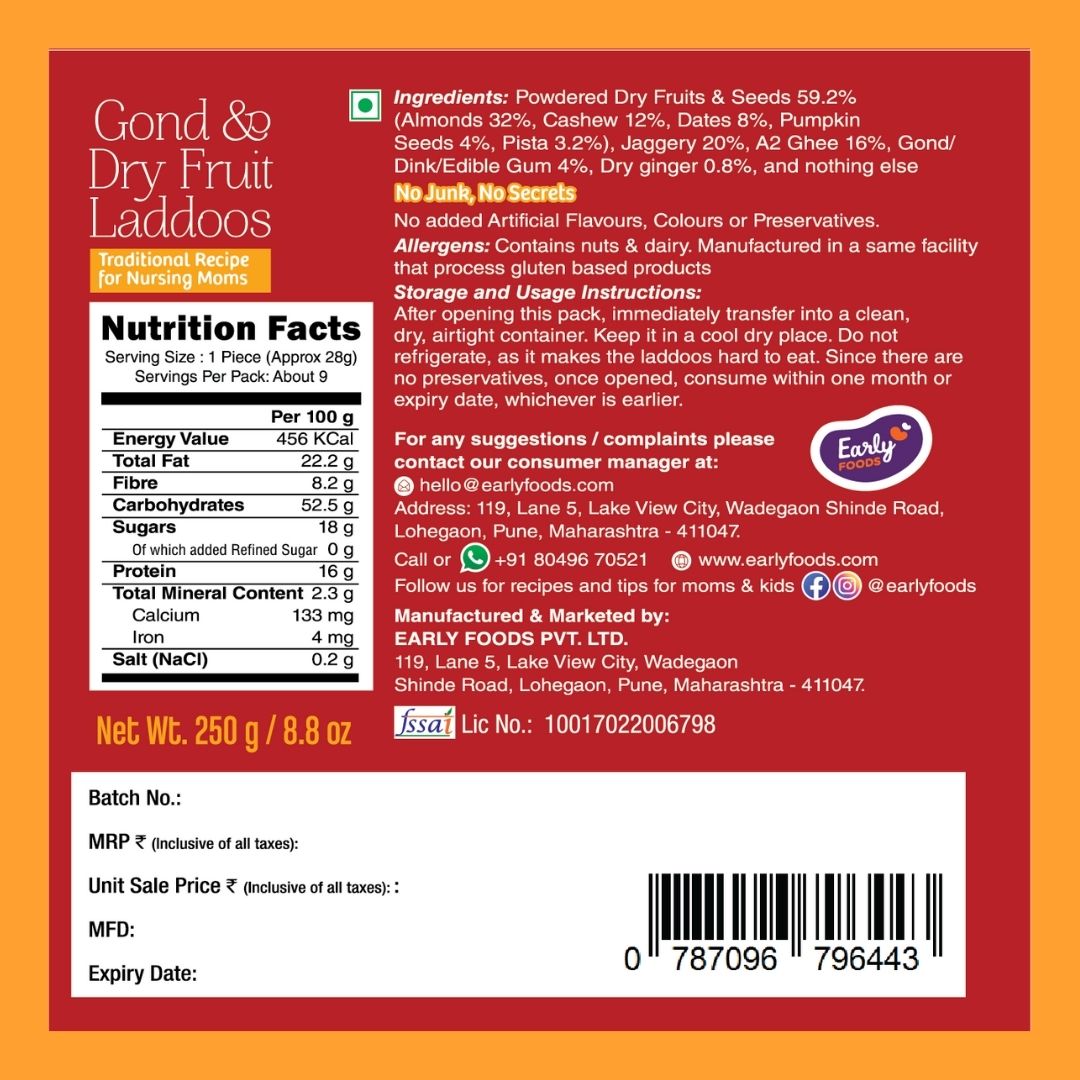 Gond & Dry Fruits A2 Ghee Laddoo by Early Foods, back of pack with ingredients, nutrition table and FSSAI licence