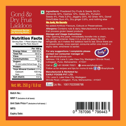 Gond & Dry Fruits A2 Ghee Laddoo by Early Foods, back of pack with ingredients, nutrition table and FSSAI licence