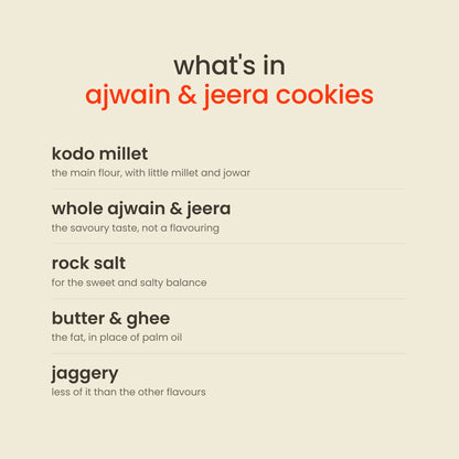What is in Early Foods Ajwain & Jeera Jaggery Cookies: kodo millet, whole ajwain & jeera, rock salt, butter & ghee, jaggery