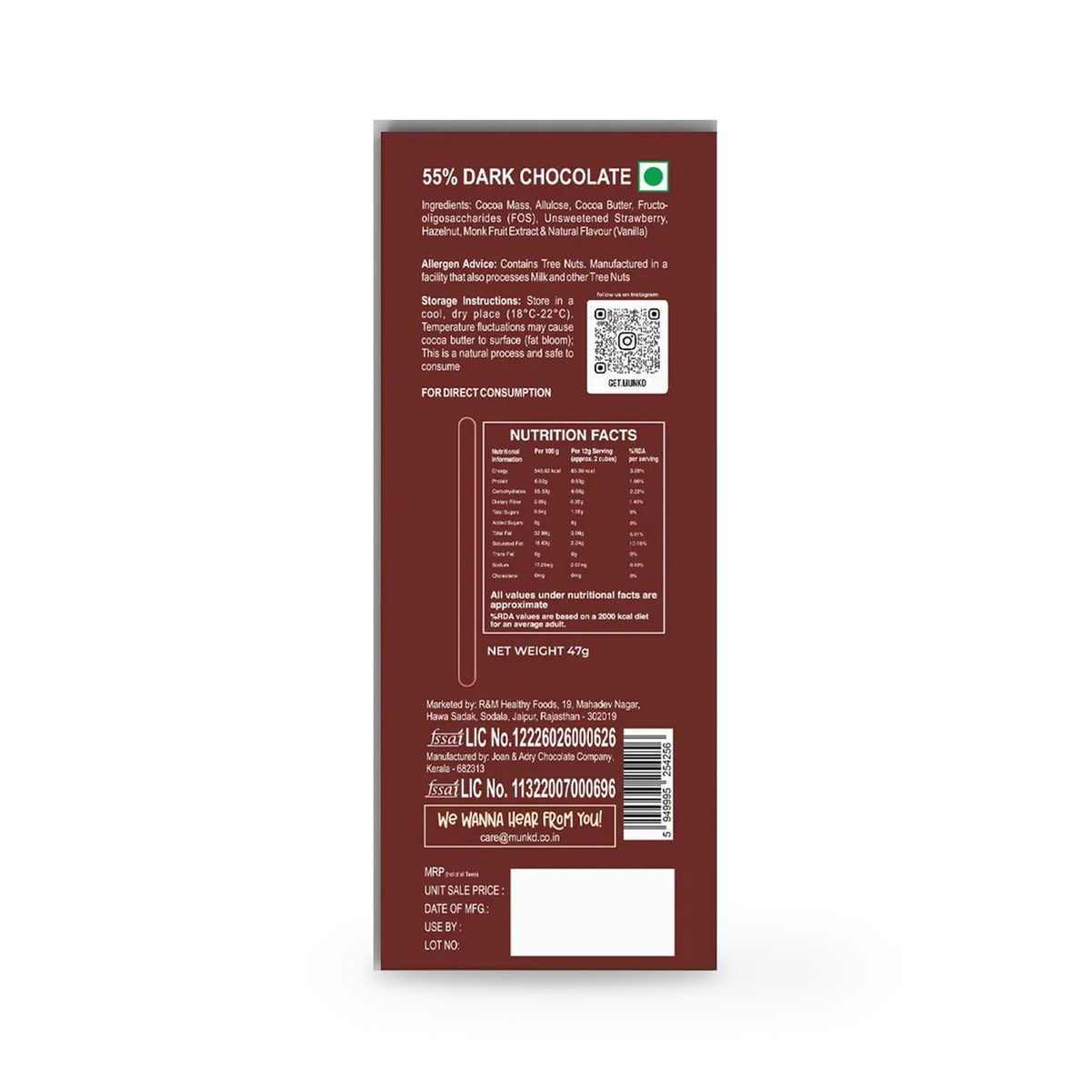 Munk'd 55% Dark Chocolate Bar, Hazelnut and Strawberry, 47g pack back with ingredients