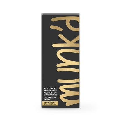 Munk'd 70% Dark Chocolate Bar, Almond and Cranberry, 47g pack front