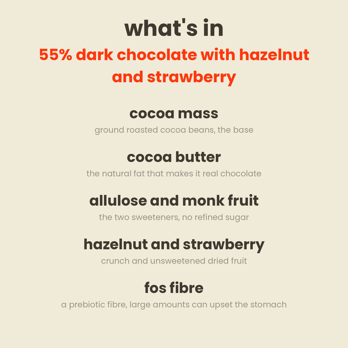 What is in Munk'd 55% dark chocolate with hazelnut and strawberry: cocoa mass, cocoa butter, allulose and monk fruit, hazelnut and strawberry, fos fibre