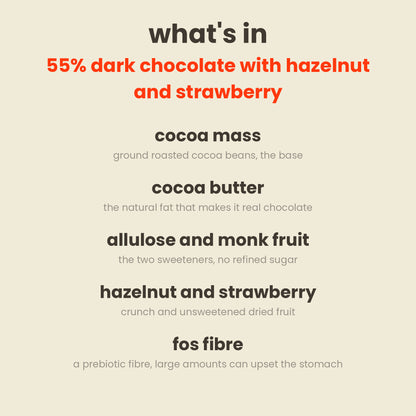 What is in Munk'd 55% dark chocolate with hazelnut and strawberry: cocoa mass, cocoa butter, allulose and monk fruit, hazelnut and strawberry, fos fibre