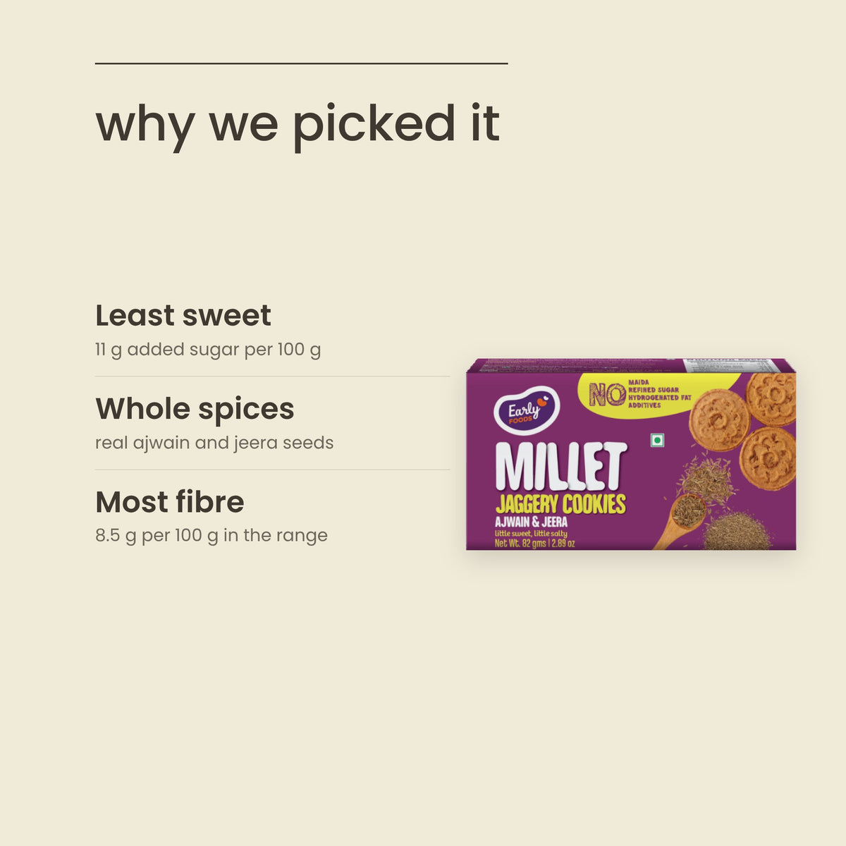 Why Purepicked picked Early Foods Ajwain & Jeera Jaggery Cookies: Least sweet, Whole spices, Most fibre