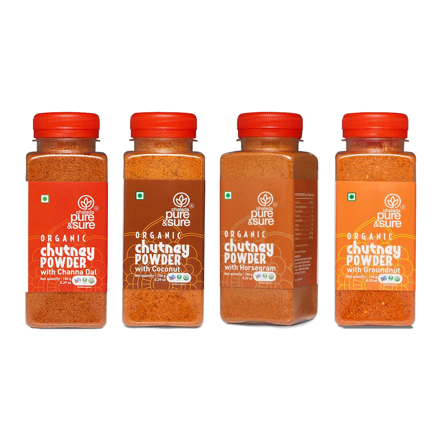 All four Pure & Sure Organic Chutney Powder jars: chana dal, coconut, horse gram and groundnut