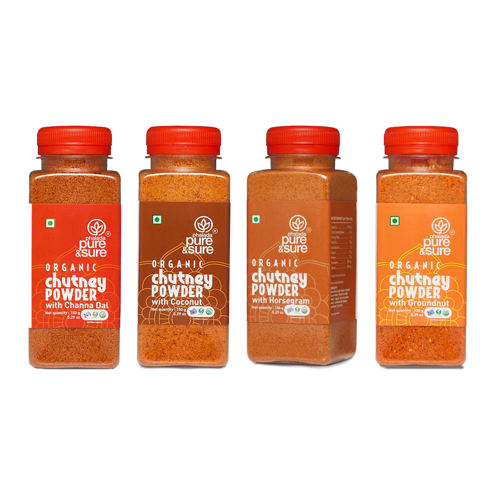 All four Pure & Sure Organic Chutney Powder jars: chana dal, coconut, horse gram and groundnut