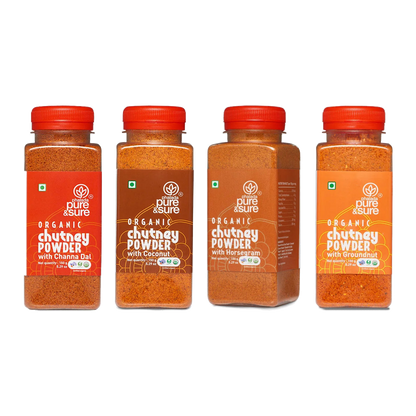 All four Pure & Sure Organic Chutney Powder jars: chana dal, coconut, horse gram and groundnut