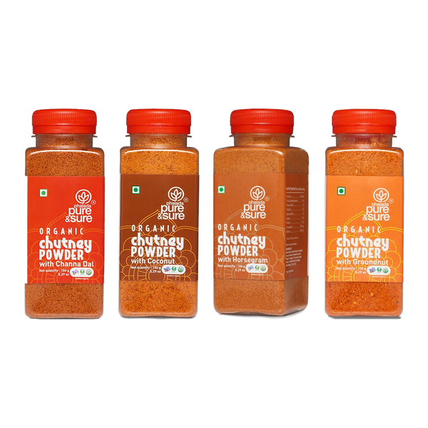All four Pure & Sure Organic Chutney Powder jars: chana dal, coconut, horse gram and groundnut