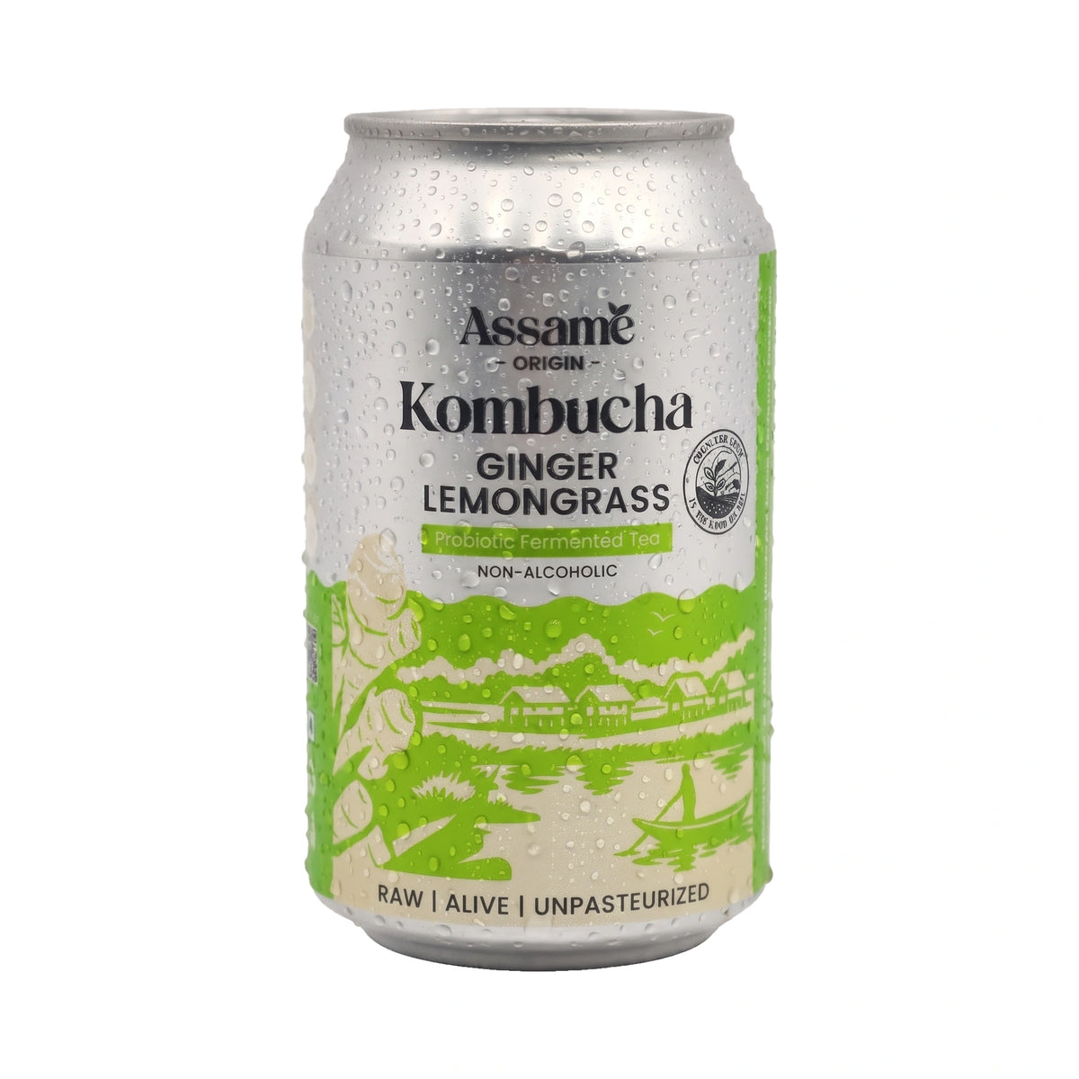 Assamé Ginger Lemongrass kombucha can, front of pack, beaded with condensation, on a white background