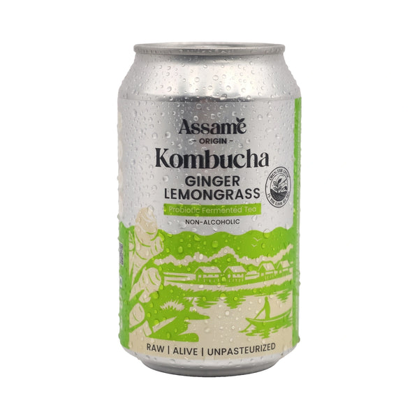 Assamé Ginger Lemongrass kombucha can, front of pack, beaded with condensation, on a white background