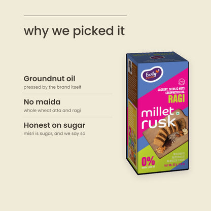 Why Purepicked picked Early Foods Ragi Millet Rusk: Groundnut oil, No maida, Honest on sugar