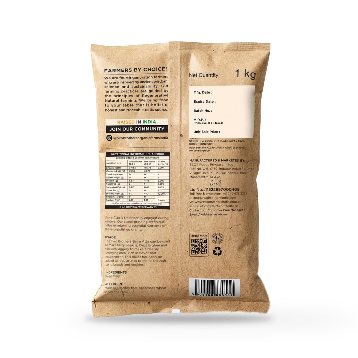 Back of the Two Brothers Bajra Atta 1kg pack showing the nutrition panel and label details, on a plain white background