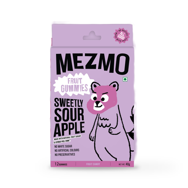 Mezmo Sweetly Sour Apple fruit gummies, a lavender 40g carton with a red panda illustration, on a plain white background