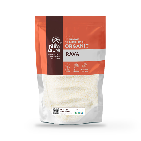 Pure & Sure Organic Rava sooji pack, front of pack, on a plain white studio background