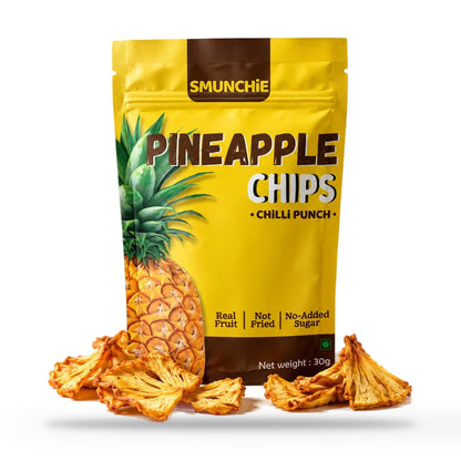 Front of the Smunchie Pineapple Chips Chilli Punch 30g pouch, with dried pineapple chips at its base, on a white background