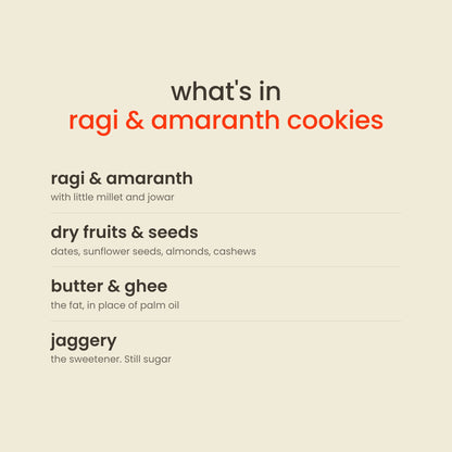 What is in Early Foods Ragi & Amaranth Jaggery Cookies: ragi & amaranth, dry fruits & seeds, butter & ghee, jaggery