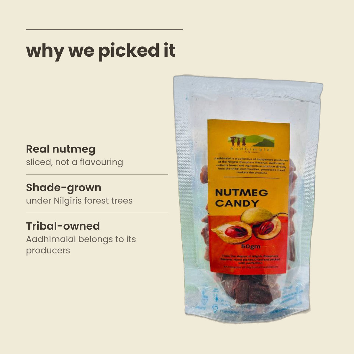 Why Purepicked picked Aadhimalai Nutmeg Candy: real nutmeg, shade-grown, tribal-owned producer