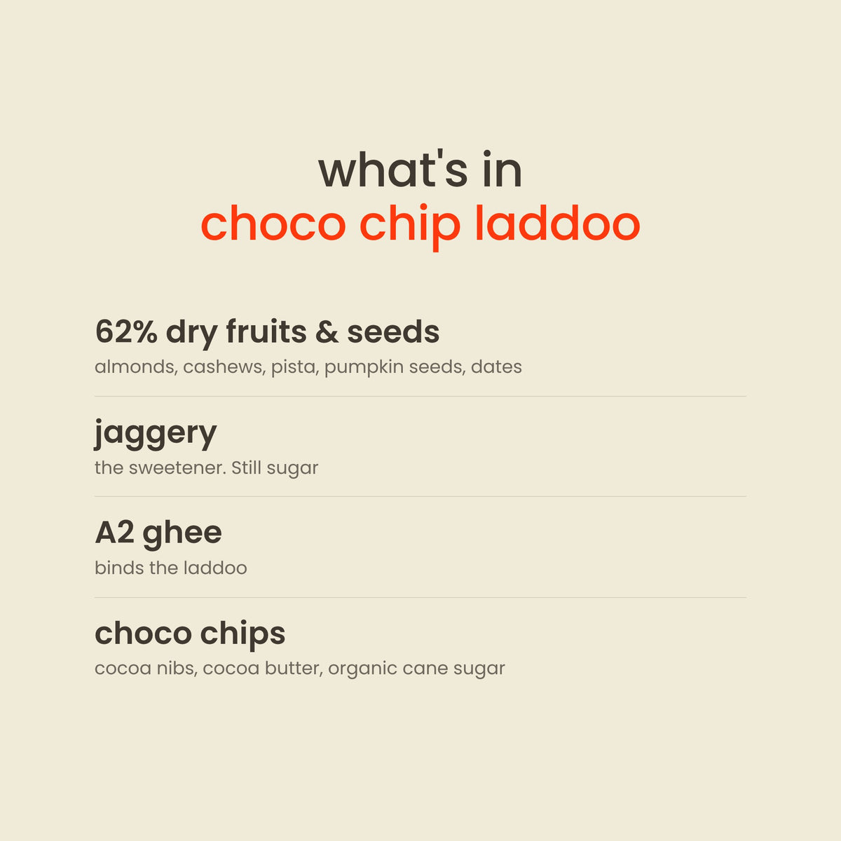 What is in Early Foods Dry Fruit Choco Chip Laddoo: 62% dry fruits & seeds, jaggery, A2 ghee, choco chips