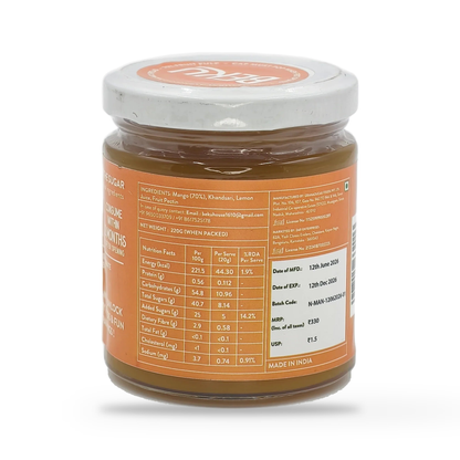 Back label of the Beku Alphonso Mango fruit spread jar, on a plain white studio background