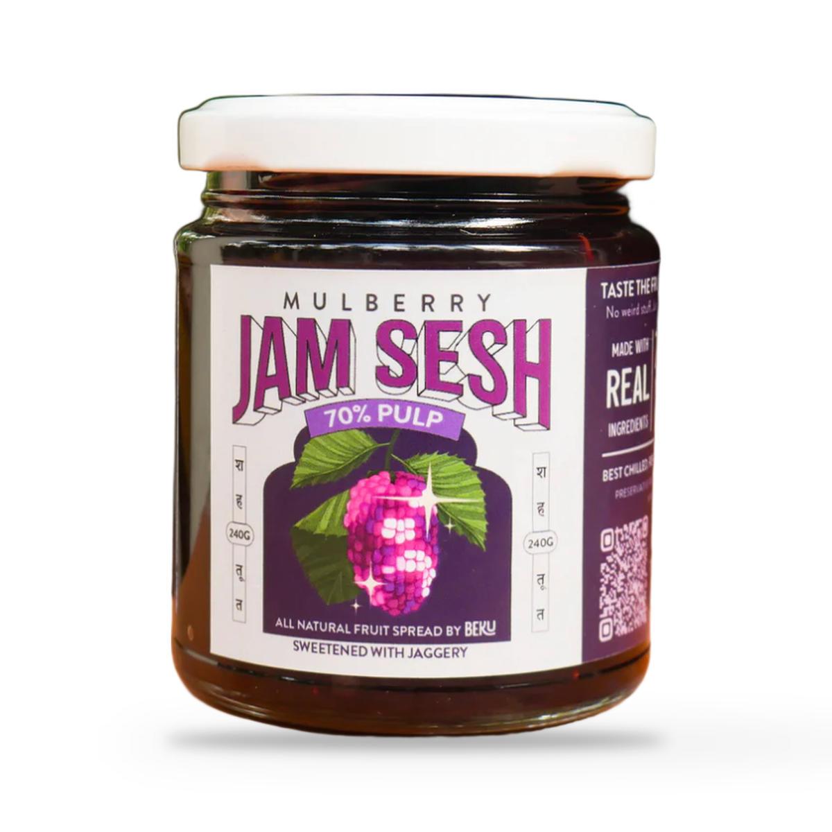 Beku Mulberry Jam Sesh fruit spread jar, front of pack, on a plain white studio background