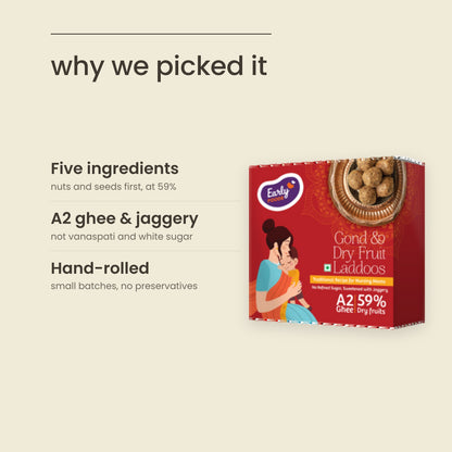 Why Purepicked picked Early Foods Gond & Dry Fruits A2 Ghee Laddoo: Five ingredients, A2 ghee & jaggery, Hand-rolled