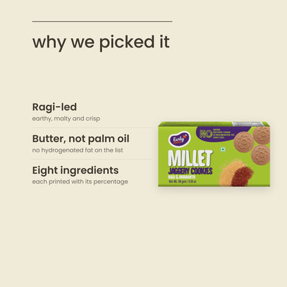 Why Purepicked picked Early Foods Ragi & Amaranth Jaggery Cookies: Ragi-led, Butter, not palm oil, Eight ingredients