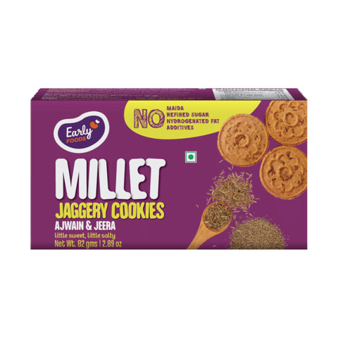 Ajwain & Jeera Jaggery Cookies by Early Foods, front of pack