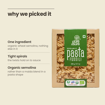 Why Purepicked chose Pasta Fusilli: one ingredient, tight spirals that hold sauce, organic semolina