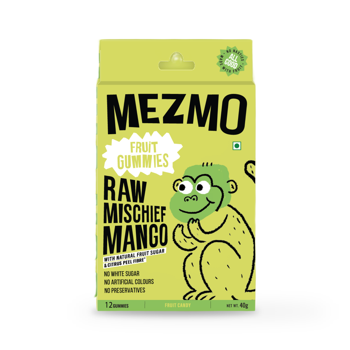 Mezmo Raw Mischief Mango fruit gummies, a green 40g carton with a monkey illustration, on a plain white background