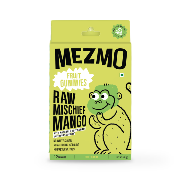 Mezmo Raw Mischief Mango fruit gummies, a green 40g carton with a monkey illustration, on a plain white background