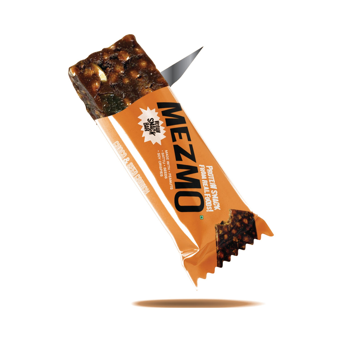 Front of the Mezmo kids protein energy bar on a white background, wrapper opened at the top to show the bar