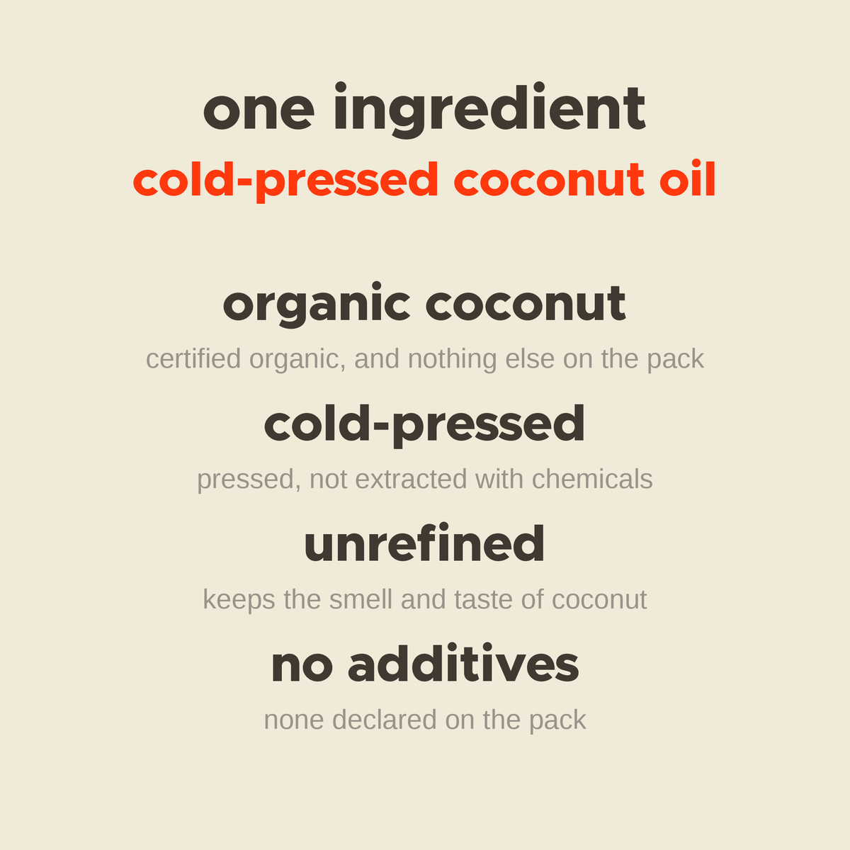 What is in Cold-Pressed Coconut Oil: organic coconut, cold-pressed, unrefined, no additives