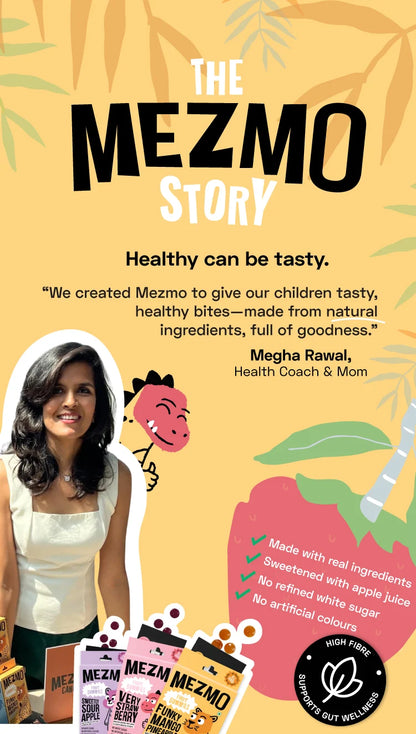 Book cover for 'The Mezmo Story' featuring a warm yellow background with illustrated leaves, large black and white title text, a quote by Megha Rawal, a cutout photo of the author, colorful product boxes, and a pink fruit illustration.