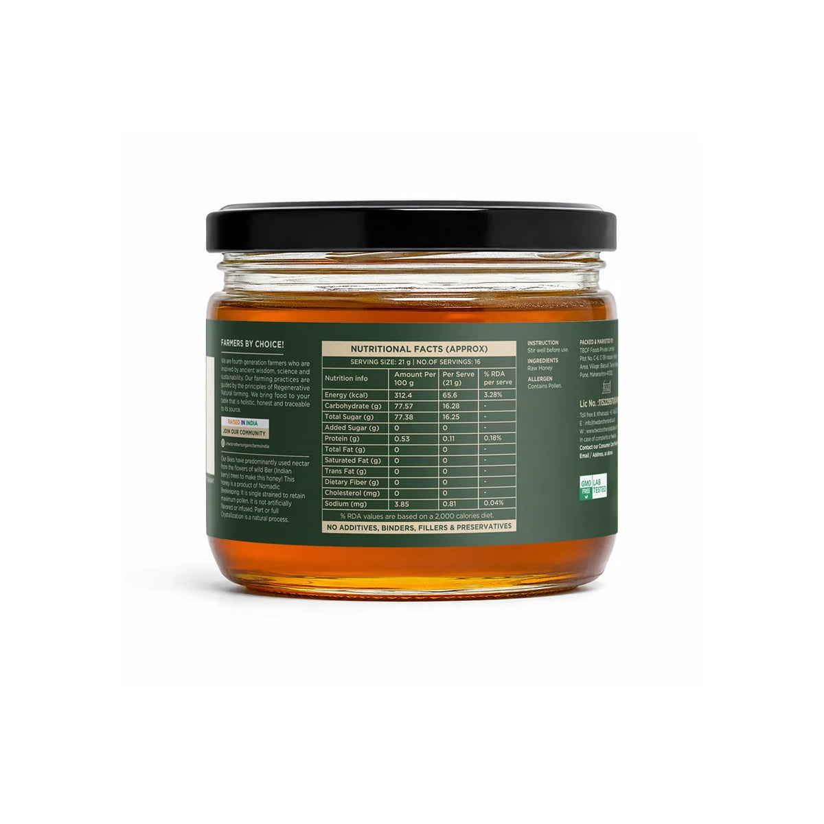Back label of the purepicked Ber tree honey 350g jar showing sourcing and batch details