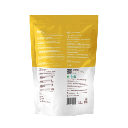 Back of the Pure & Sure organic urad whole pack showing the ingredient list and nutrition table
