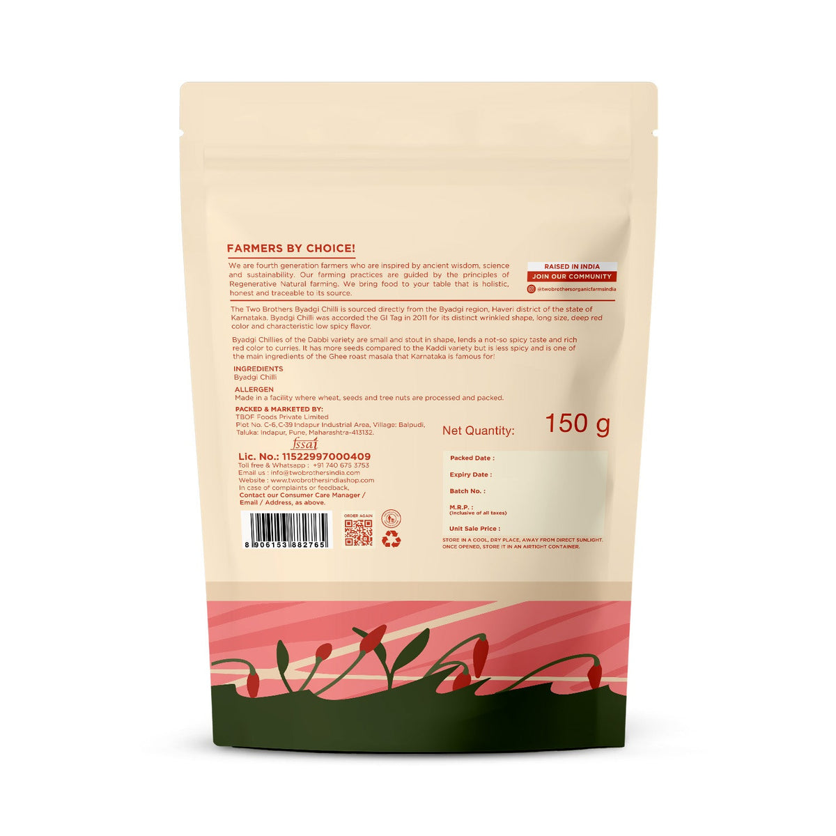 Back of the 150 g Byadagi chilli powder pack, showing ingredients, net quantity and label details